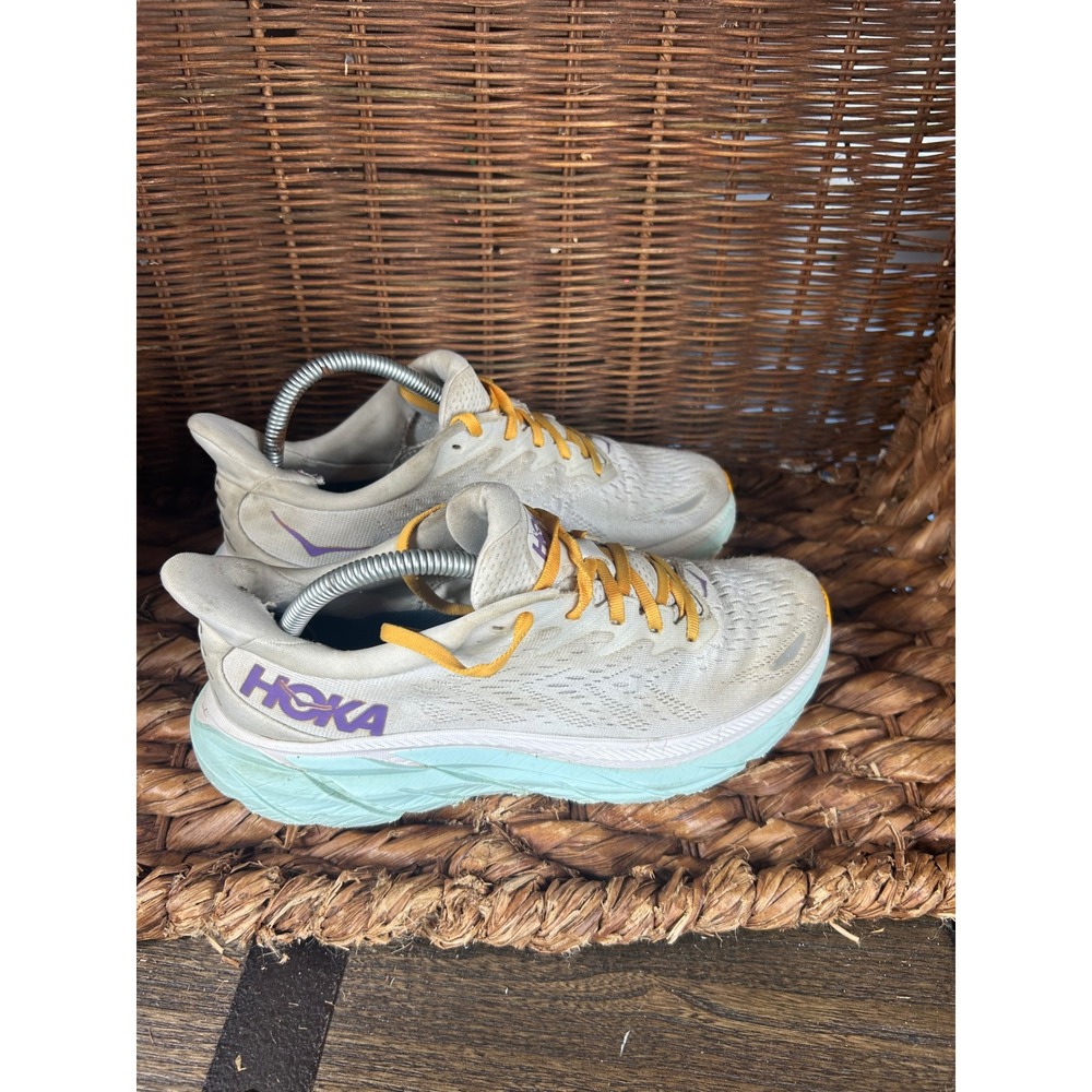 Hoka One One Clifton 8 Womens Running Shoes 9B Blanc De Blanc Blue Fog‎ 1119394